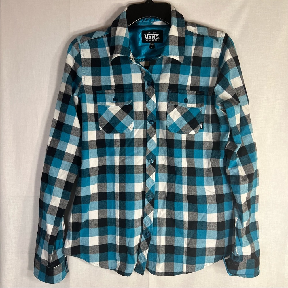 Vans Off The Wall Womens Long Sleeve Shirt Button Up Plaid Size L Blue